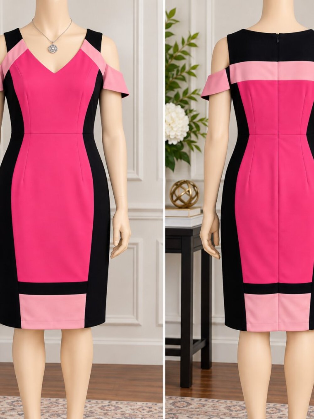 💕 New York & Company Colorblock Cold-Shoulder Dress – Size Large